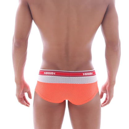 Orange mesh briefs with neon orange triple boxer design and red white amiri waistband in black lettering