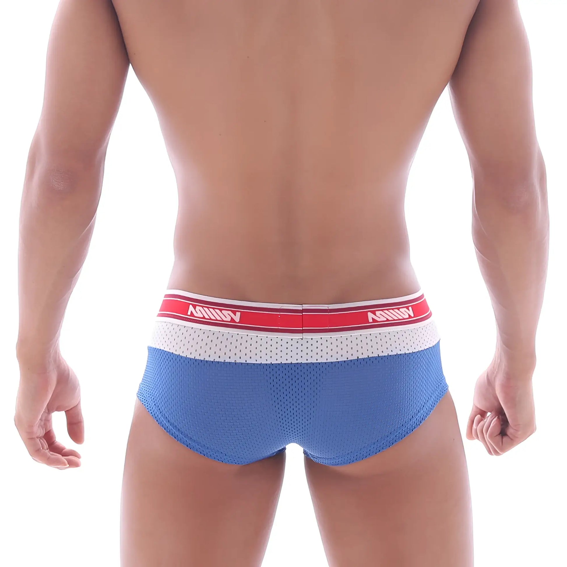 Metro malewear triple boxer royal blue mesh briefs with red and white ashny elastic waistband in bold lettering