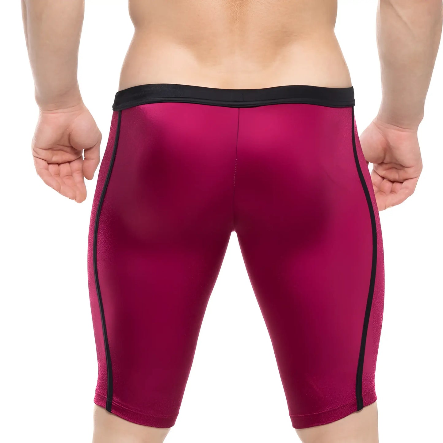 Fuchsia form-fitting athletic shorts with black side stripes and elastic waistband from MetroMaleWear University Biker