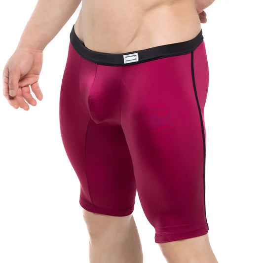 Maroon MetroMaleWear University biker shorts with black elastic waistband and side seam trim for athletic use
