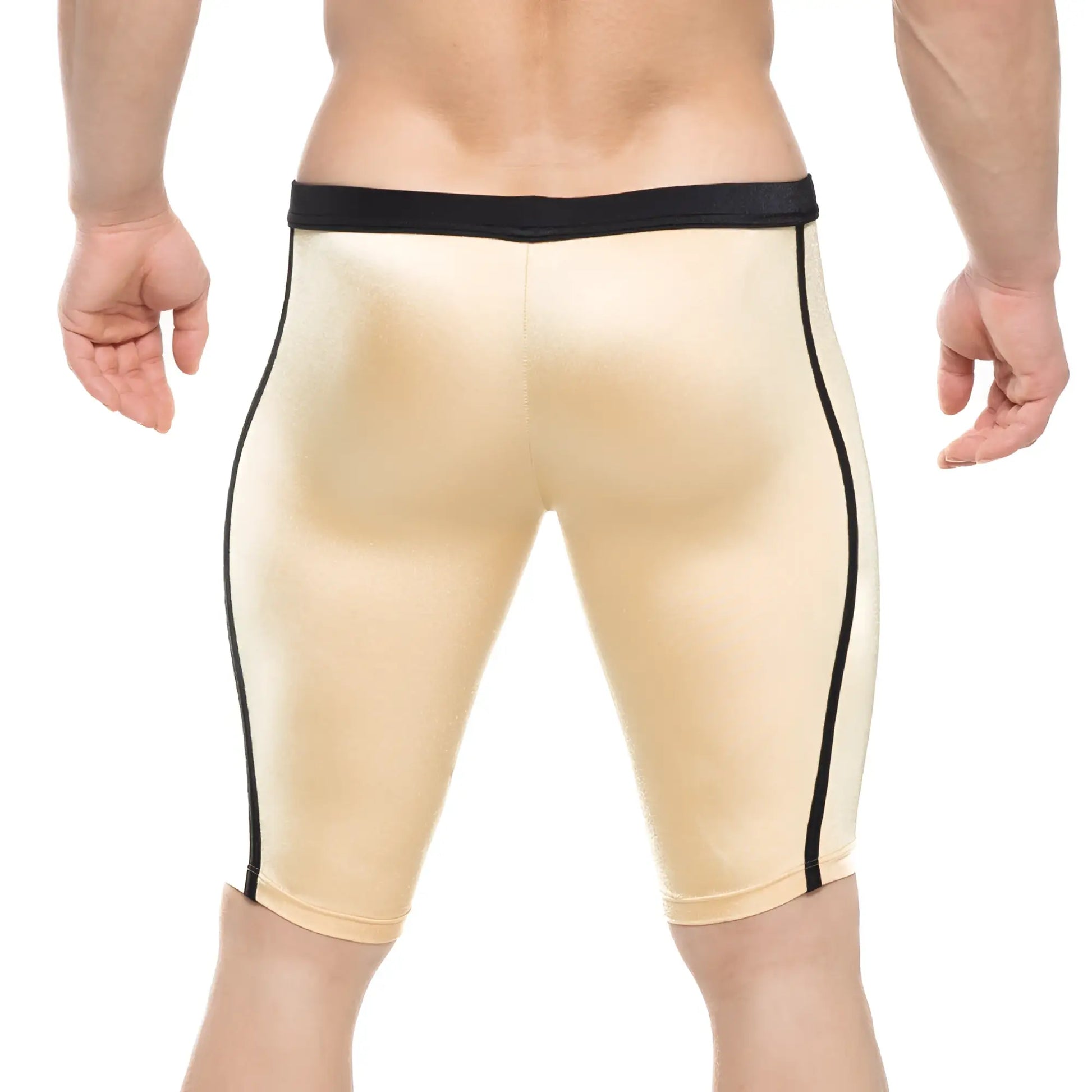 Beige metallic MetroMaleWear University biker shorts with black trim along sides and waistband in athletic style