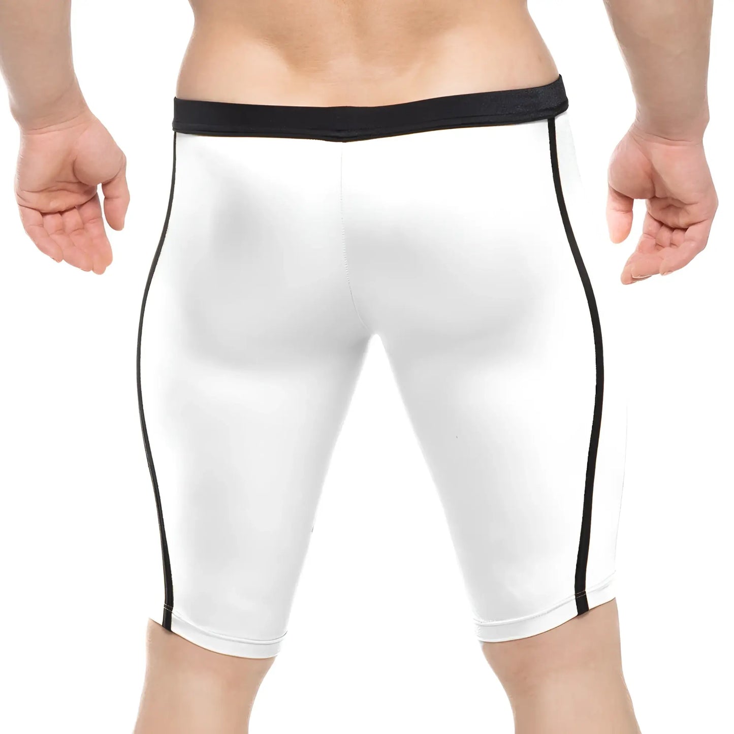 MetroMaleWear University Biker white athletic shorts with black side stripes and black elastic waistband