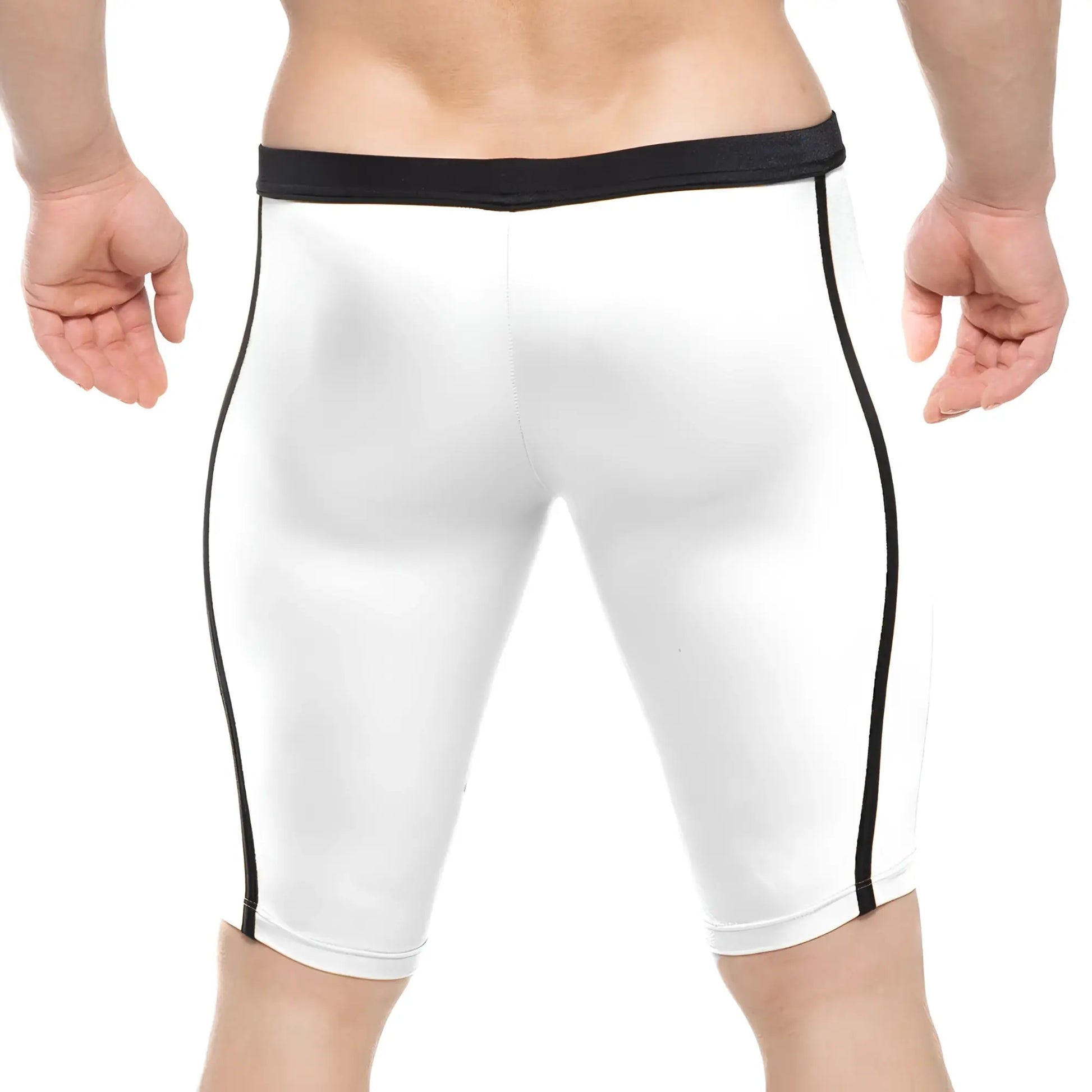 MetroMaleWear University Biker white athletic shorts with black side stripes and black elastic waistband