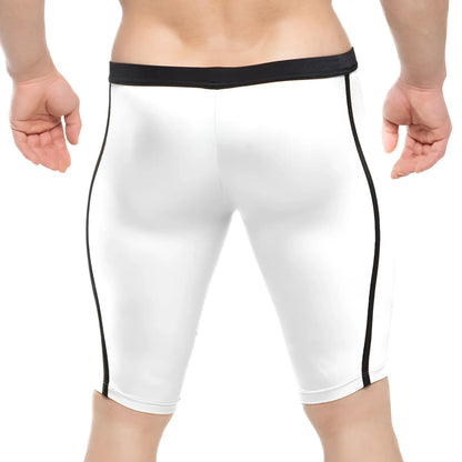 MetroMaleWear University Biker white athletic shorts with black side stripes and black elastic waistband