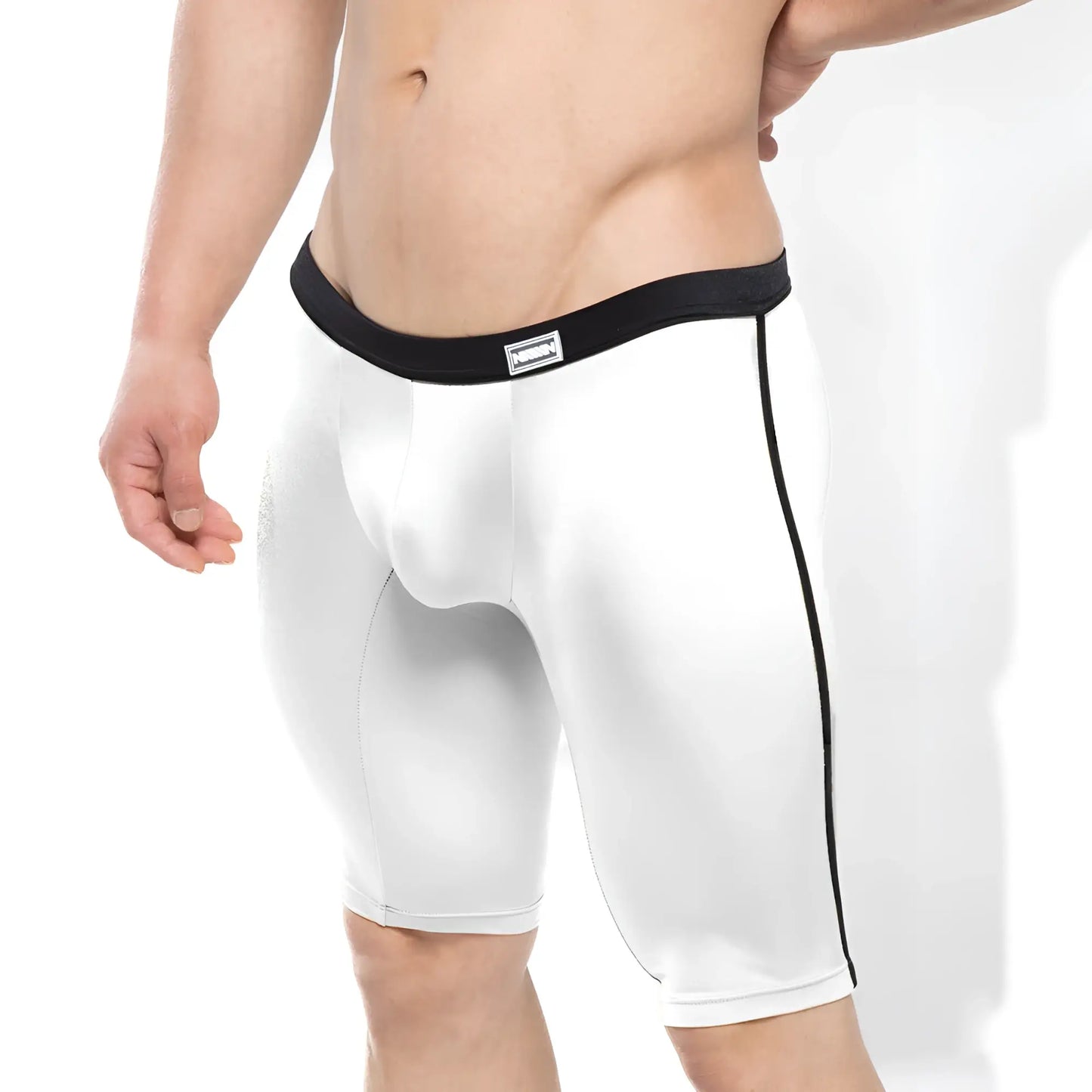 White men’s athletic briefs with black elastic waistband and side seam trim from metromalewear university biker white 4020-00