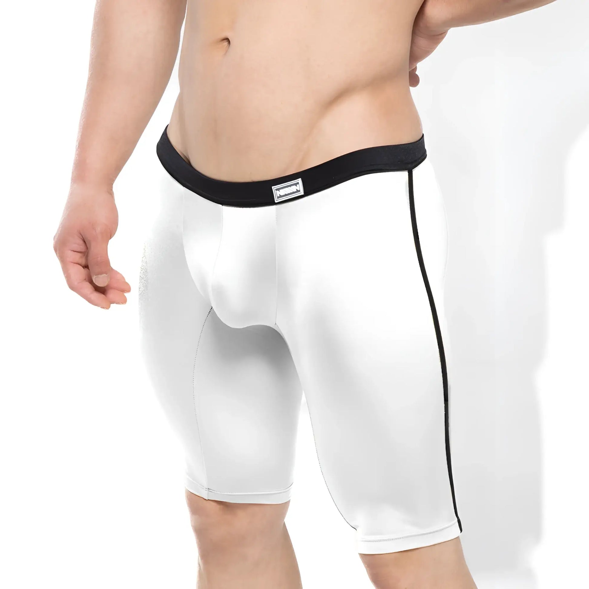 White men’s athletic briefs with black elastic waistband and side seam trim from metromalewear university biker white 4020-00