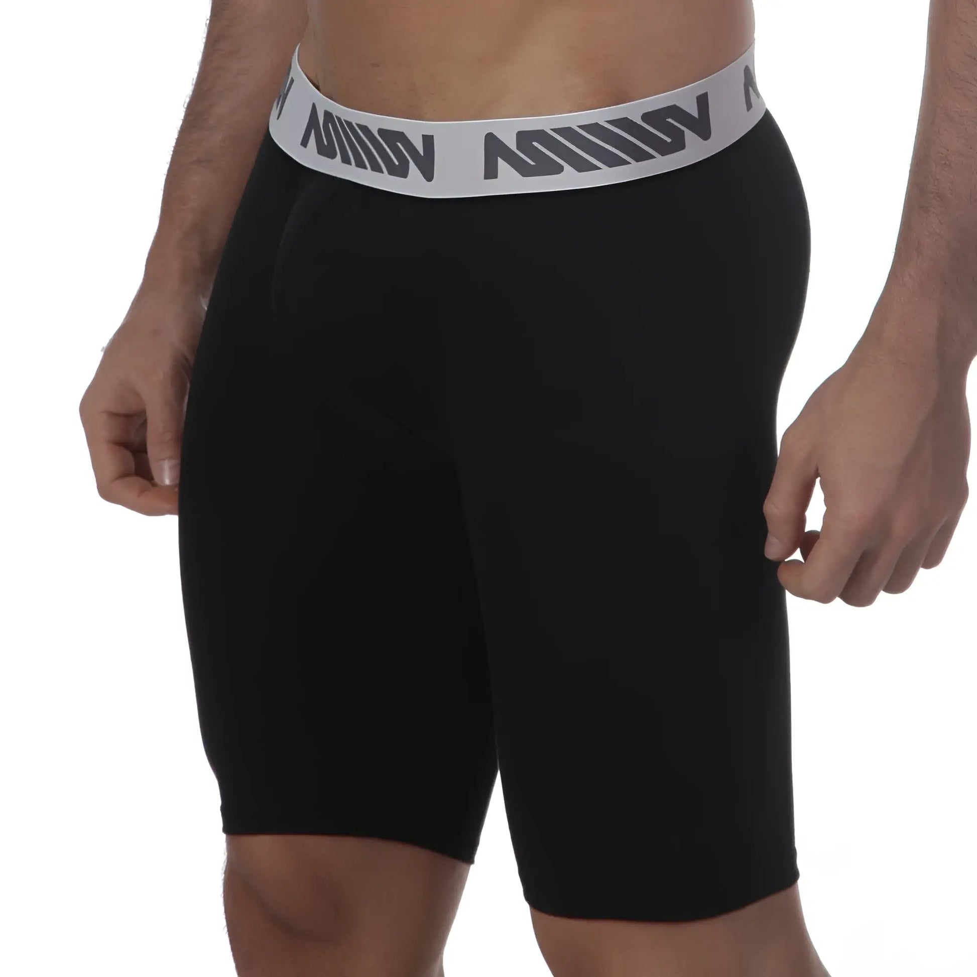 Black athletic shorts with gray mimov logo waistband metro malewear uphole long boxer black 3031-20