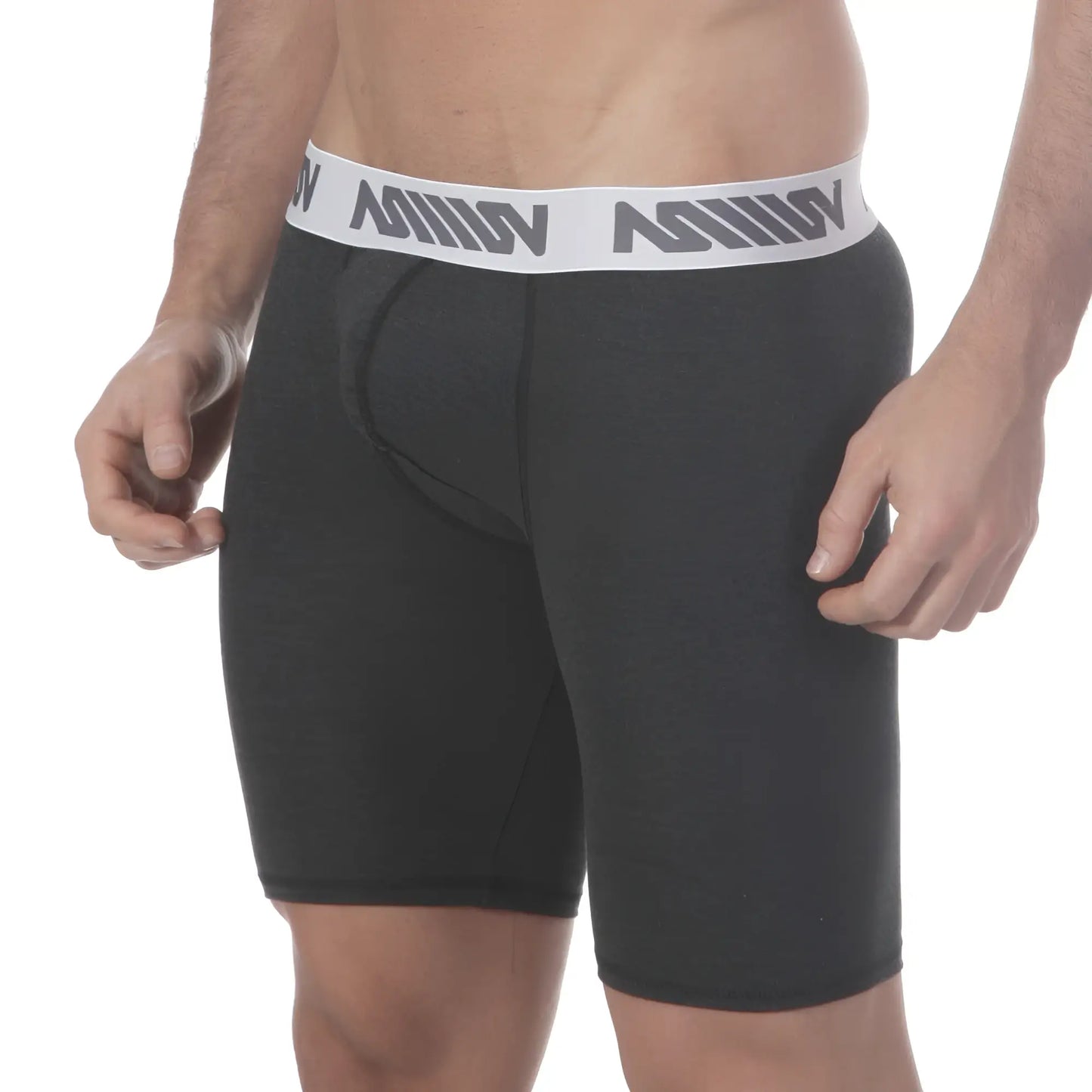 Black mens boxer briefs with white elastic waistband and gray million branding from metromalewear uphole long boxer heather