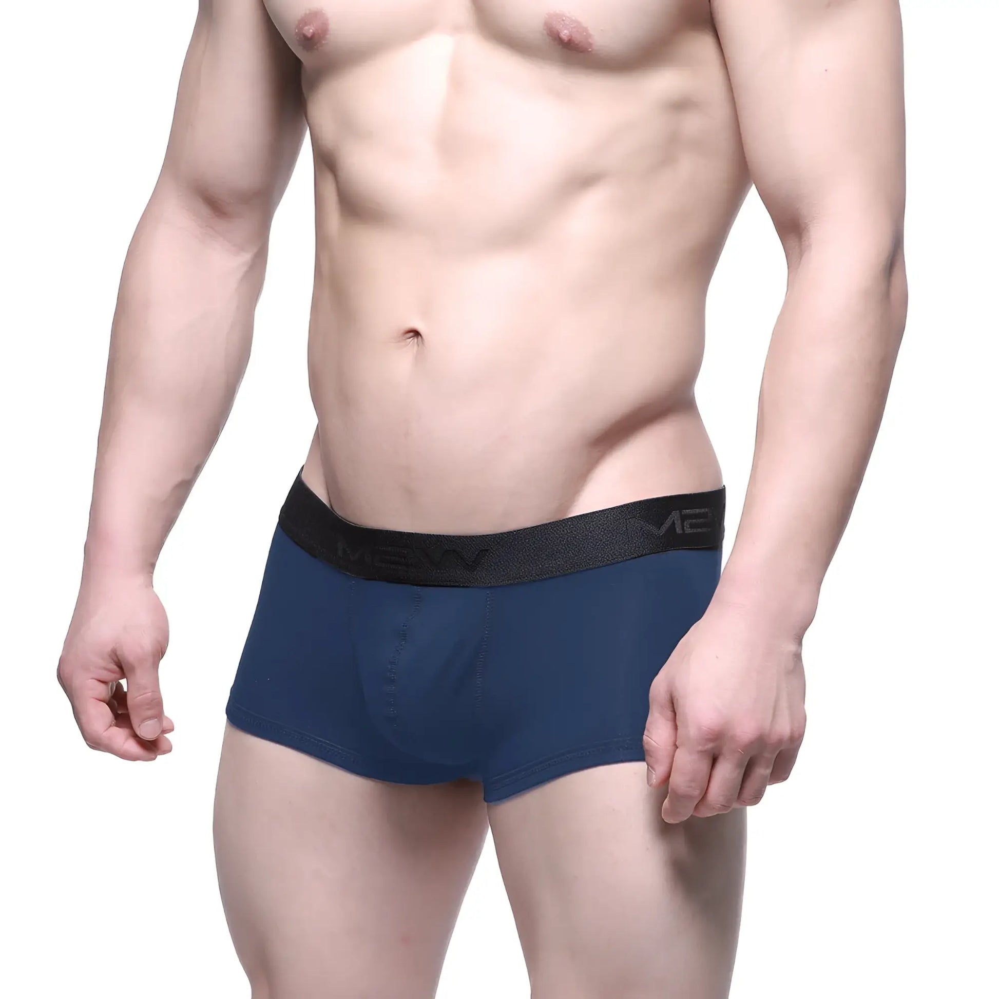 Navy blue men’s briefs with black elastic waistband featuring menw logo from MetroMaleWear Uphole Short Boxer Navy 3030-28