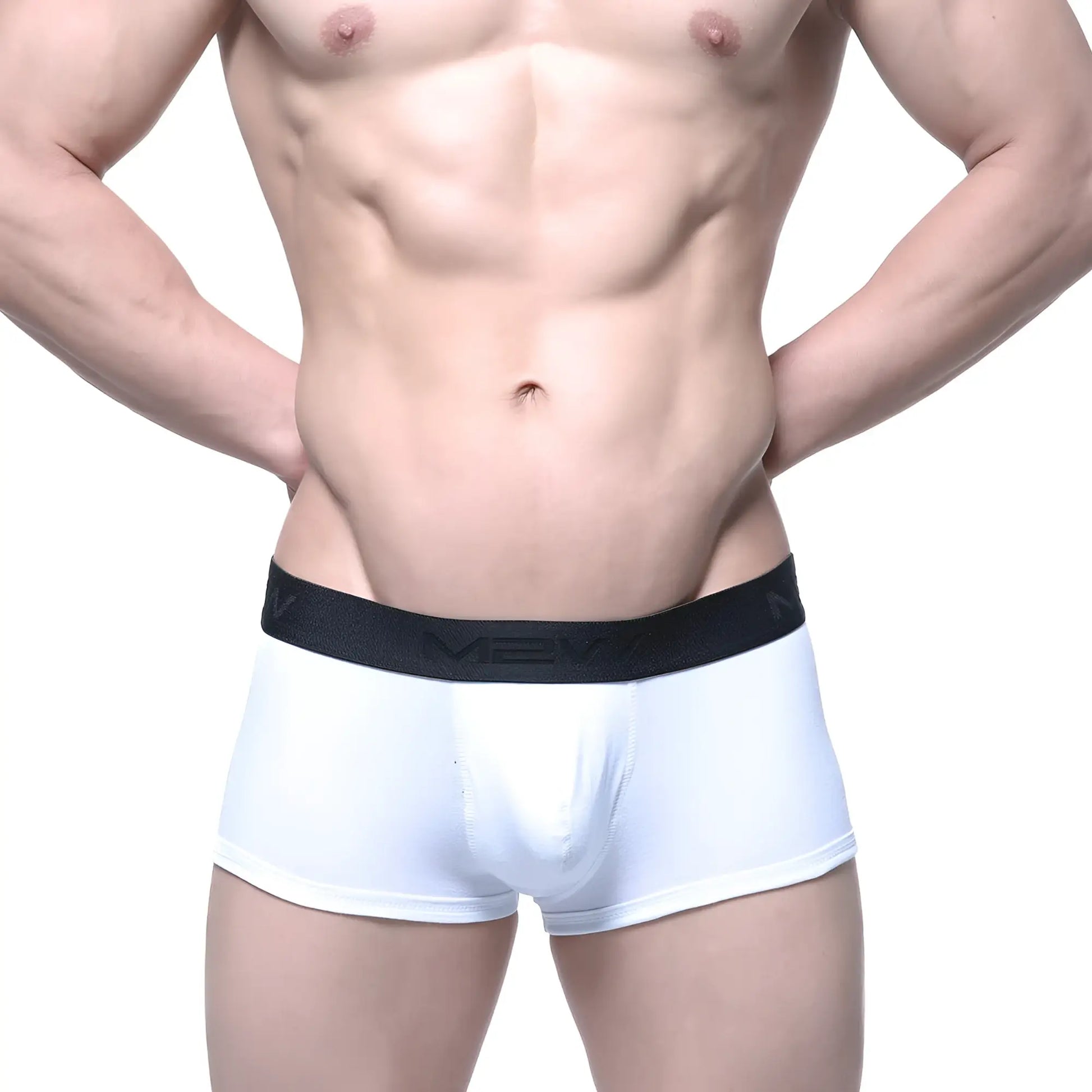 White men’s briefs with black mexx elastic waistband metroMalewear Uphole short boxer white 3030-00 front view