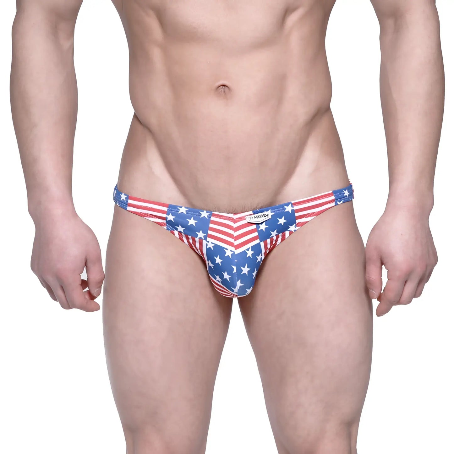 MetroMaleWear USA hip bikini briefs in red white and blue with American flag star and stripe pattern