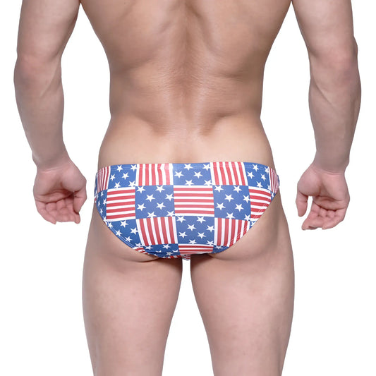 MetroMaleWear USA hip bikini swim trunks in red white and blue patchwork design for beach and pool use