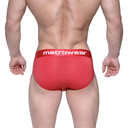 MetroMaleWear Vasco hip brief crimson red with matching red waistband featuring white lettering in breathable fabric