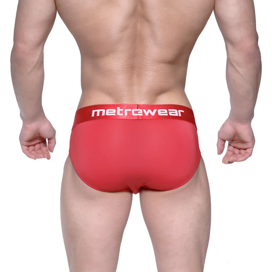 MetroMaleWear Vasco hip brief crimson red with matching red waistband featuring white lettering in breathable fabric