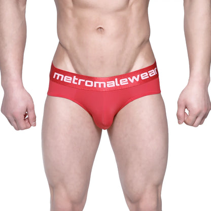 Red metromalewear vasco hip briefs with a white logo band designed for comfortable daily wear