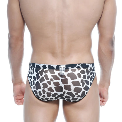 White briefs with black and brown giraffe print pattern metro malewear vasco hip brief dalmatian 5103-77 front view