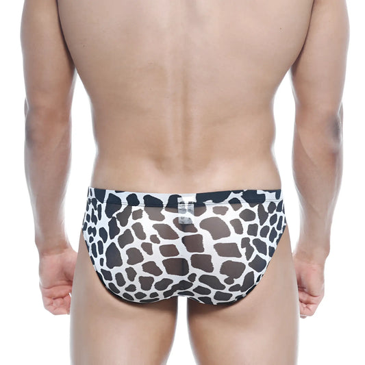 White briefs with black and brown giraffe print pattern metro malewear vasco hip brief dalmatian 5103-77 front view