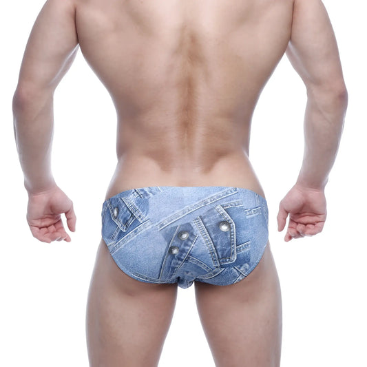 Blue denim patterned briefs with realistic fabric design stitched pockets and metallic buttons metroMaleWear Vasco hip brief