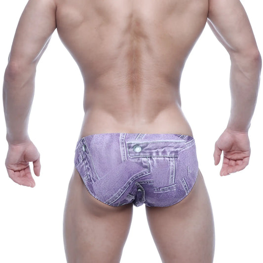Purple denim-patterned metroMaleWear vasco hip briefs with button and zipper detail for men