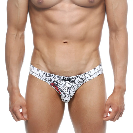 White briefs with black and red floral pattern and small logo on waistband metro malewear vasco hip brief escobar 5103-09