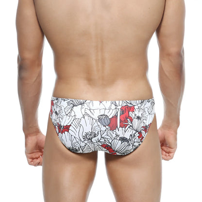 MetroMaleWear Vasco Hip Brief Escobar 5103-09 swim trunks with white and red poppy pattern and black outlines