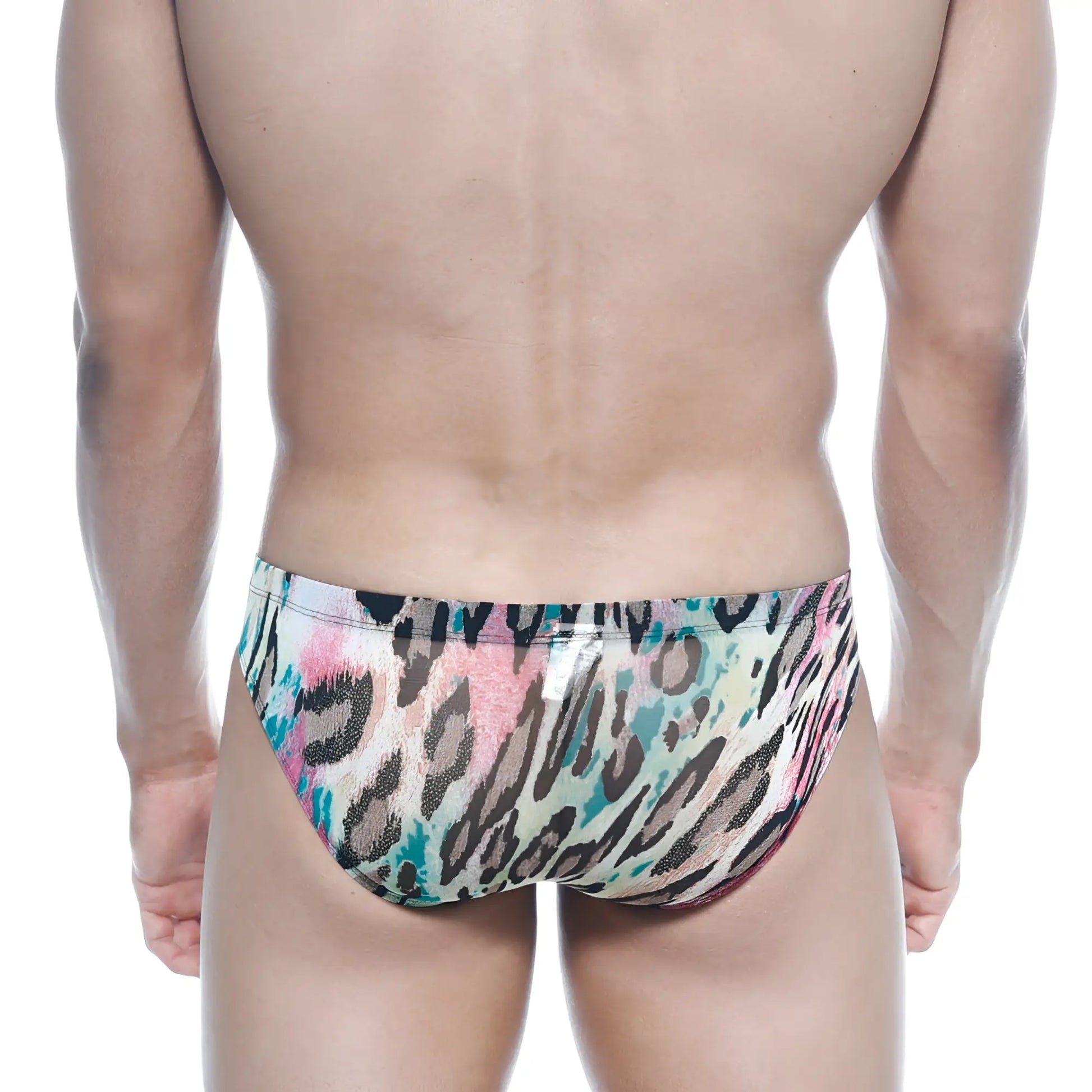 MetroMalewear vasco hip brief fenrir 5103-79 swim trunks with vibrant pink teal and black leopard print on beige base