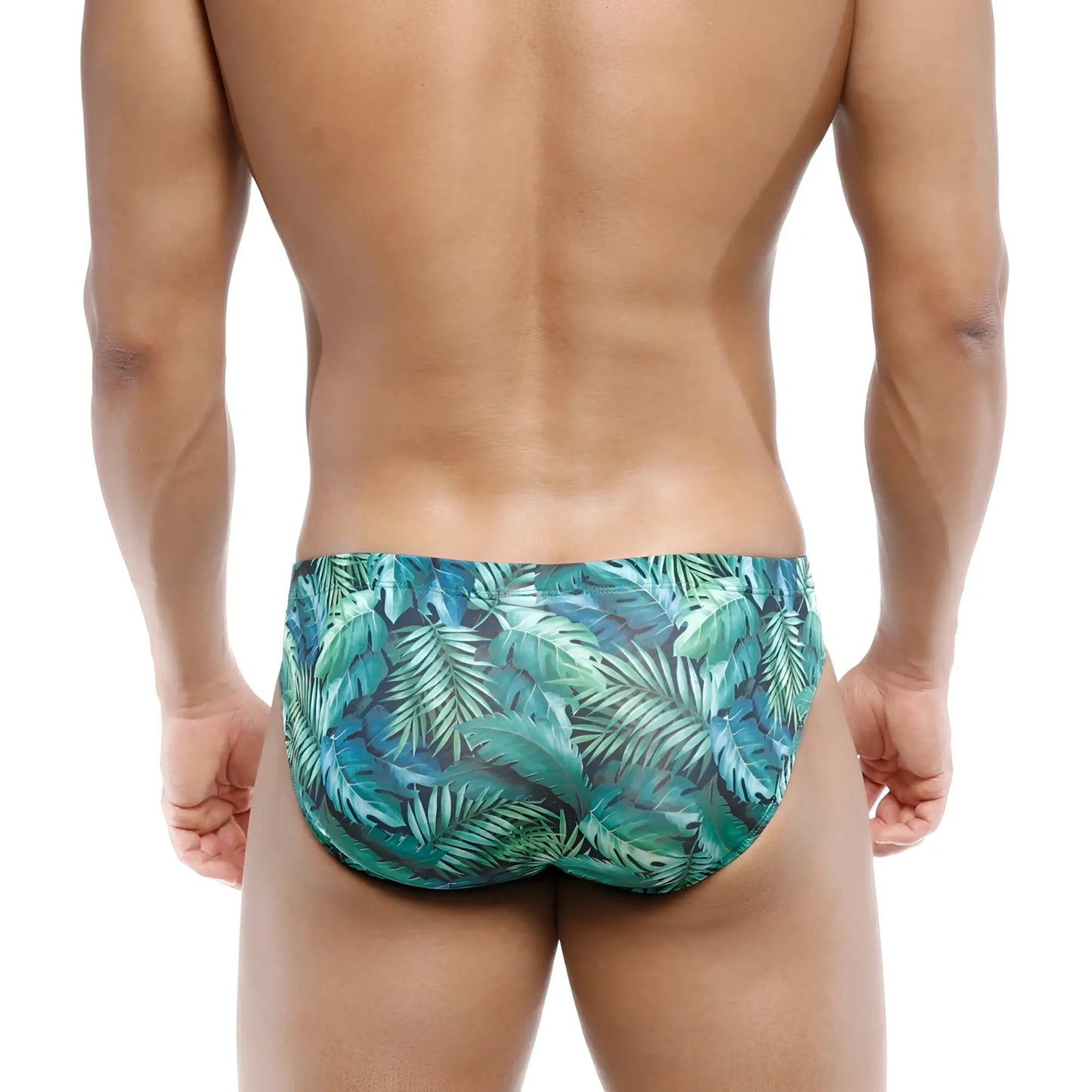 MetroMaleWear Vasco Hip Brief Jungle 5103-88 swim trunks with tropical leaf pattern in shades of teal and green