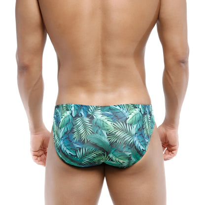 MetroMaleWear Vasco Hip Brief Jungle 5103-88 swim trunks with tropical leaf pattern in shades of teal and green