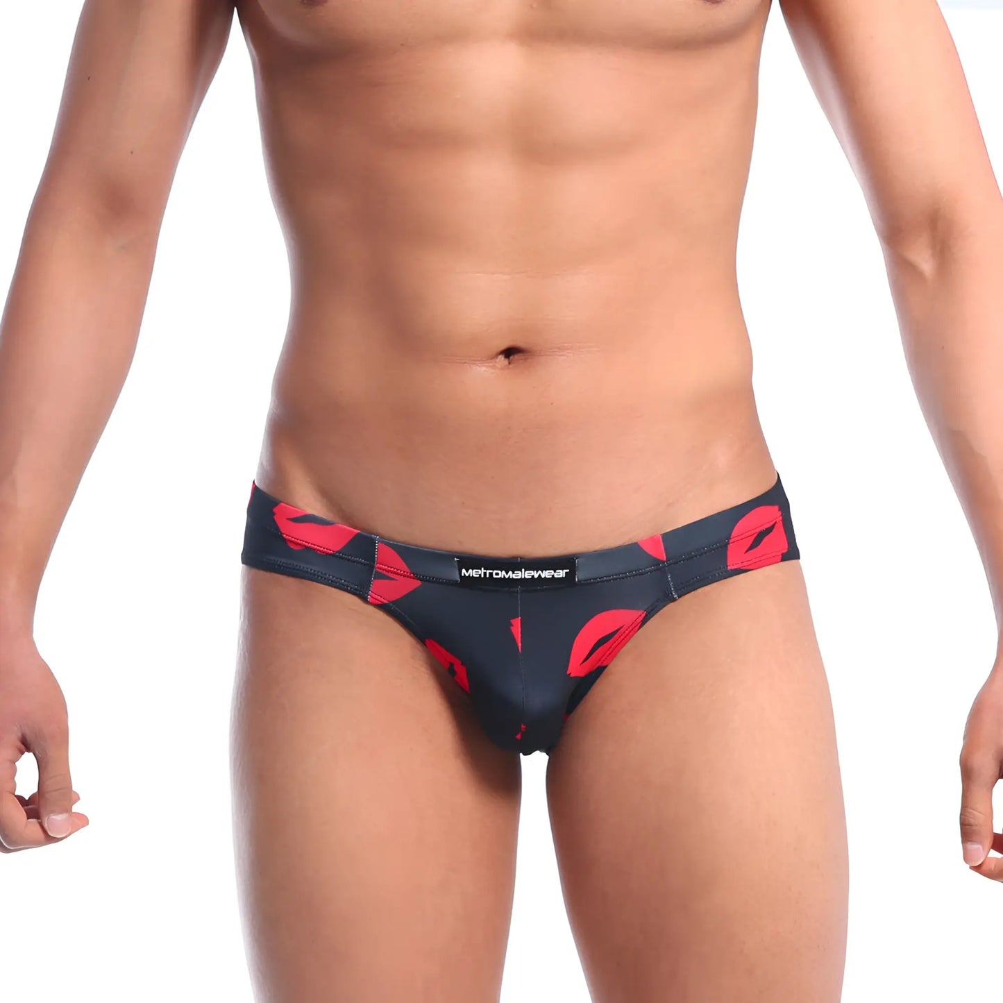 Black briefs with bold red lipstick print and metromalewear label from metro male wear vasco hip brief kiss black 5103-67