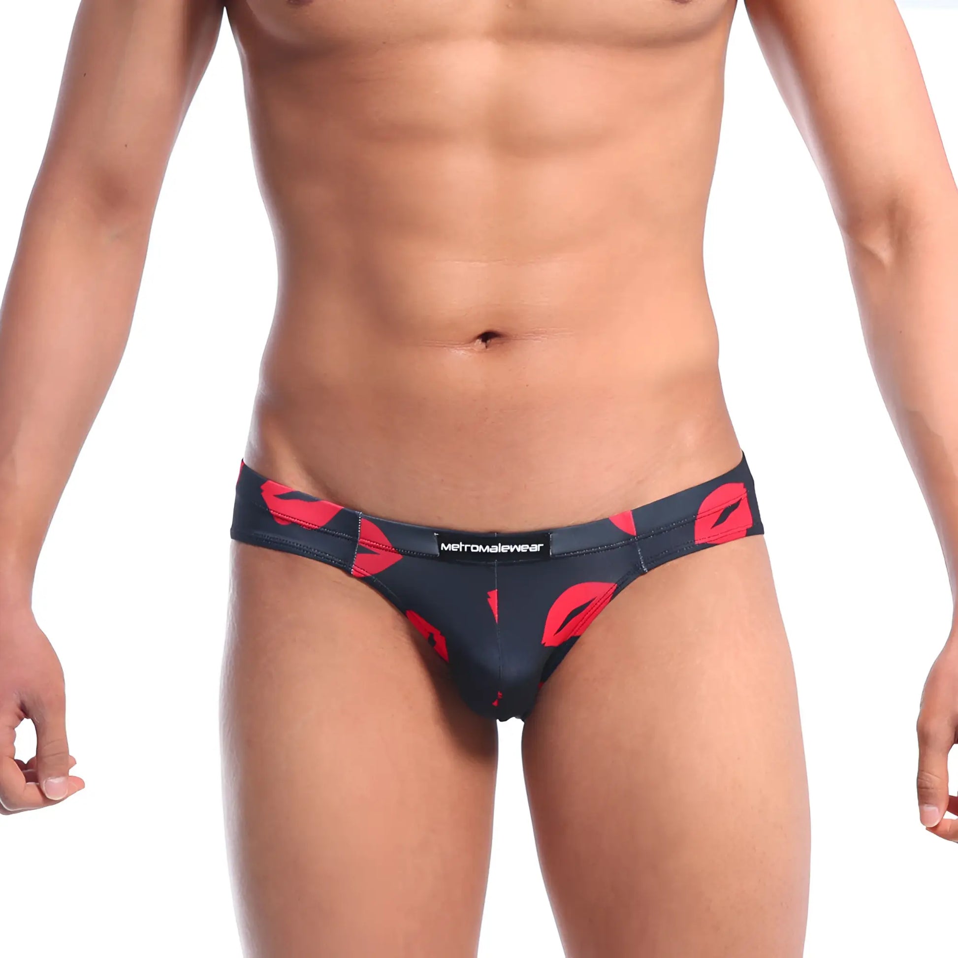 Black briefs with bold red lipstick print and metromalewear label from metro male wear vasco hip brief kiss black 5103-67