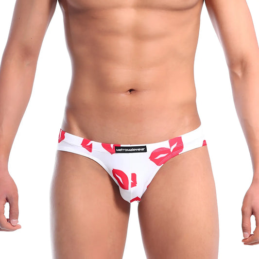 White men’s briefs with bold red lipstick print and metromalewear label metro malewear vasco hip brief kiss white 5103-66