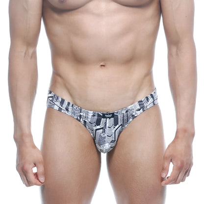Black and white cityscape-patterned men’s briefs with sleek modern design metro malewear vasco hip brief metro 5103-48