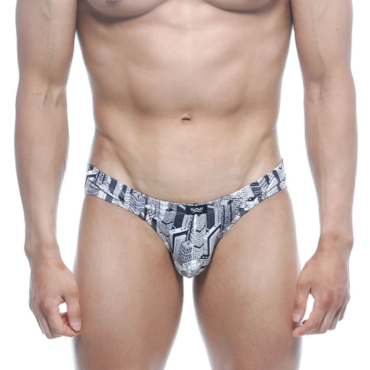 Black and white cityscape-patterned men’s briefs with sleek modern design metro malewear vasco hip brief metro 5103-48
