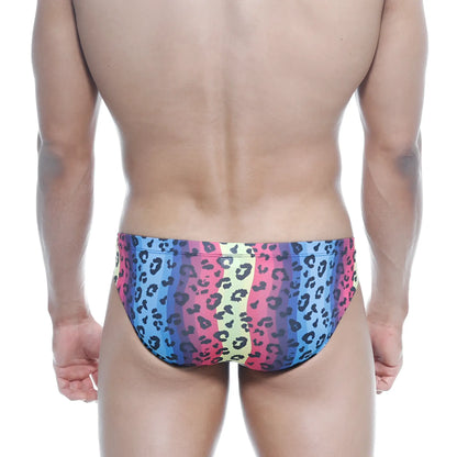 MetroMaleWear Vasco Hip Brief Neon 5103-05 vibrant rainbow-striped swim trunks with bold black leopard print pattern