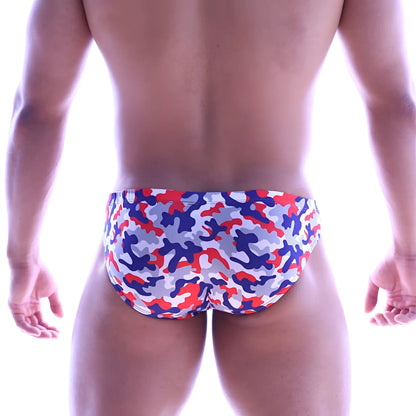 MetroMalewear vasco hip brief swim trunks with red blue and white camouflage pattern for men’s swimwear