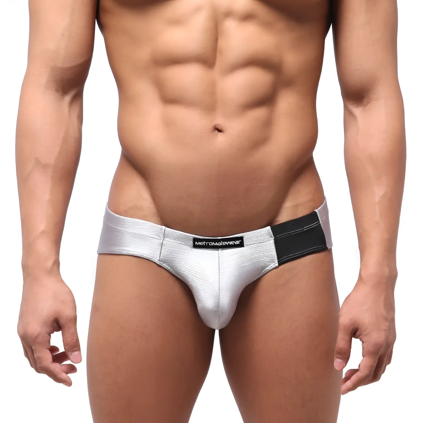 Silver metallic briefs with black waistband and metromalewear label metro malewear vasco hip brief titanium 5103-10