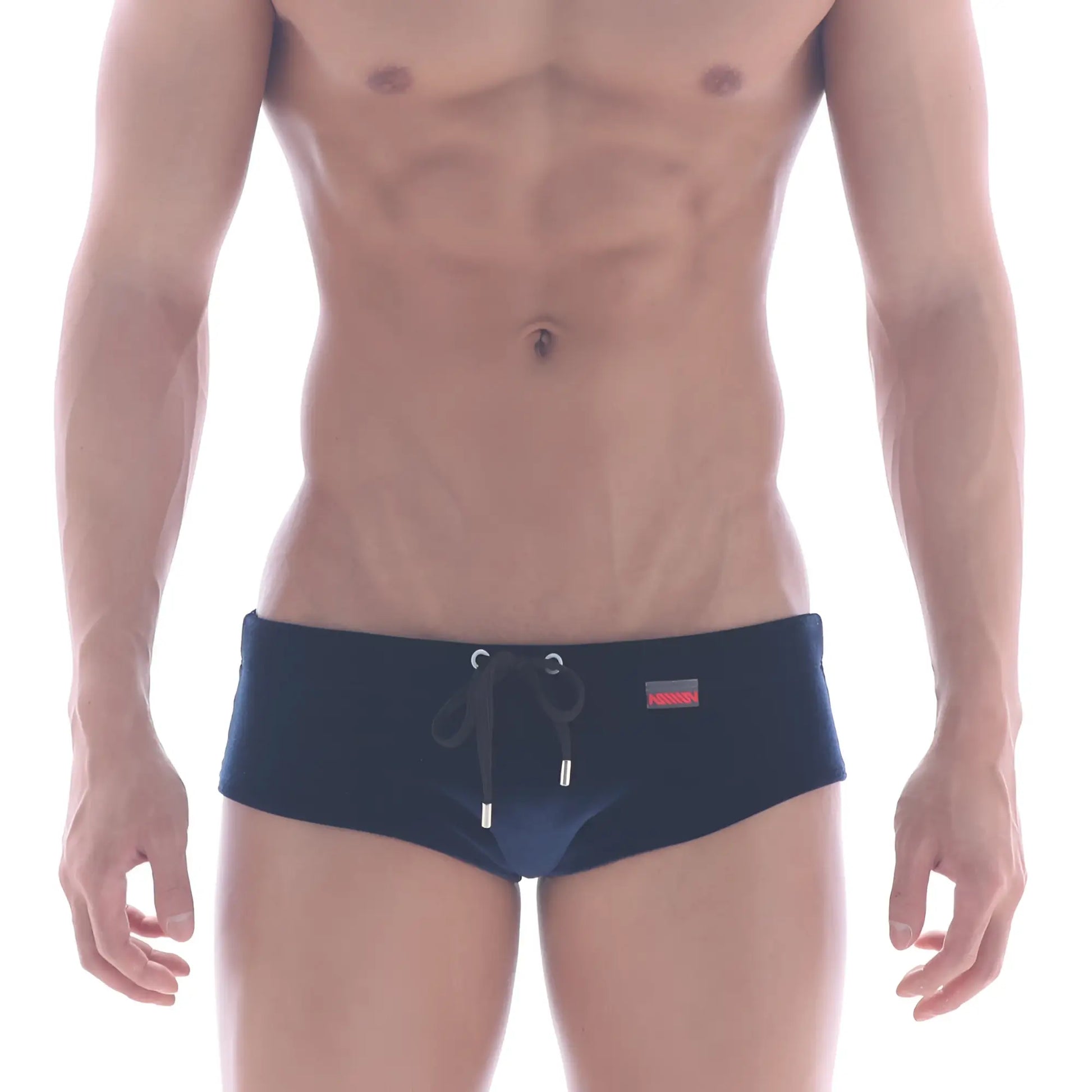 Navy blue velvet swim brief by metromalewear with black drawstring silver aglets and small red brand tag on waistband