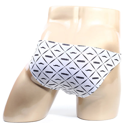 White briefs with black geometric mustache pattern and mission text from metromalewear vendeta bikini gentleman 2614-03