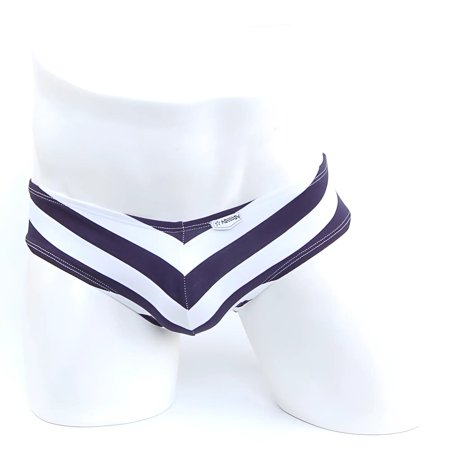 Navy and white striped men’s briefs with chevron pattern from metromalewear ventura brief stripe 2713-40