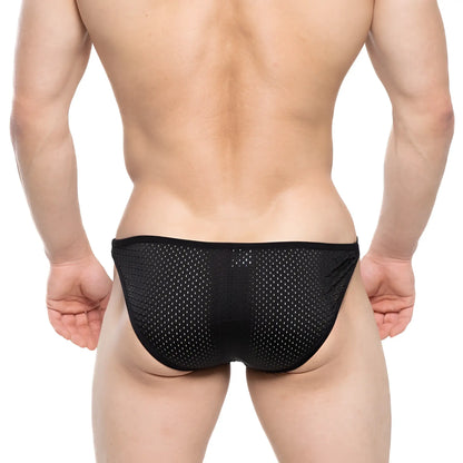 MetroMaleWear Verano Bikini black mesh briefs with a snug form-fitting design for comfortable everyday wear