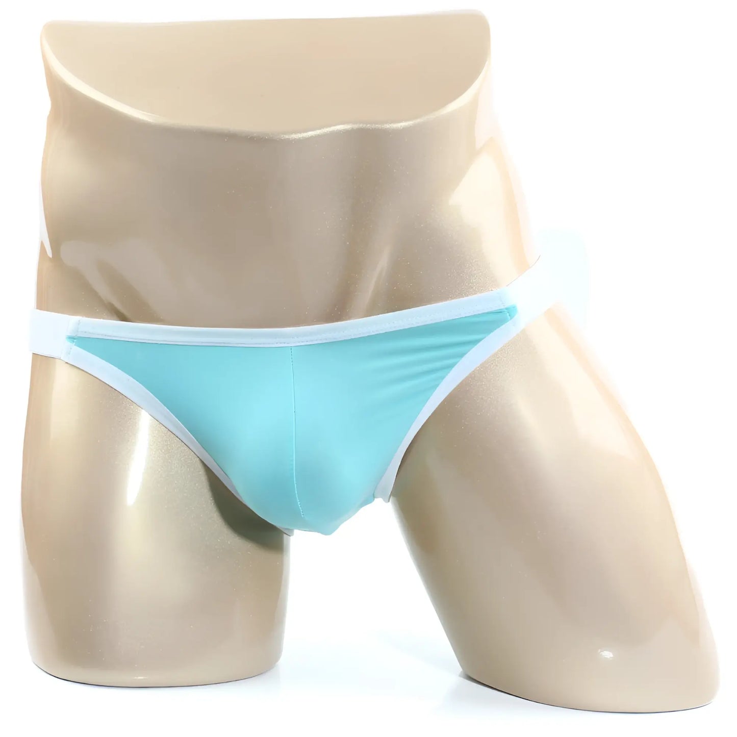 Light blue form-fitting briefs with white trim on a mannequin from MetroMaleWear verano bikini pastel green 3606-07