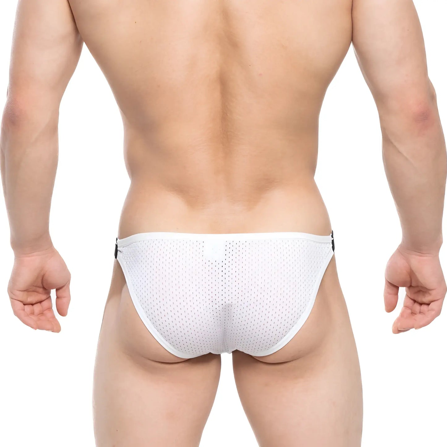 White mesh briefs with black side tabs from metromalewear verano bikini 3606-00 for breathable comfort