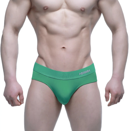 Green mens briefs metro malewear verde brief 5203-07 with textured waistband and milly brand name in white lettering