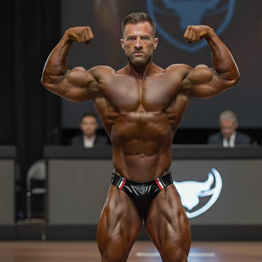 A muscular man flexing in black red and white striped leather metroMaleWear versatile swim briefs at a contest
