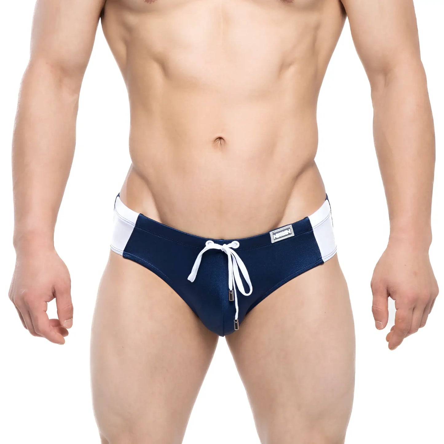MetroMaleWear Versity swim brief navy 4998-28 in navy blue and white with drawstring waistband and zipper closure