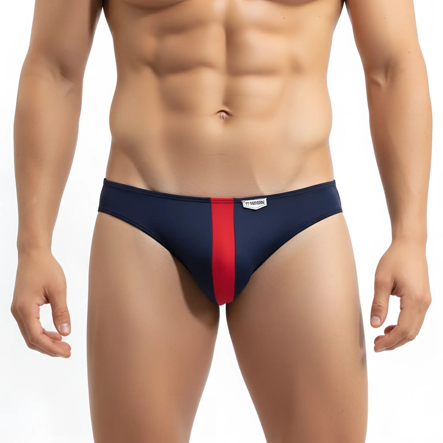 MetroMalewear volcano thong navy 1322-30 men’s navy blue and red striped swim trunks with white brand tag on waistband
