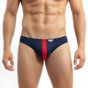 MetroMalewear volcano thong navy 1322-30 men’s navy blue and red striped swim trunks with white brand tag on waistband