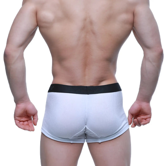 White ribbed cotton boxer briefs with black elastic waistband metro male wear voltz boxer brief white 2122-05 front view