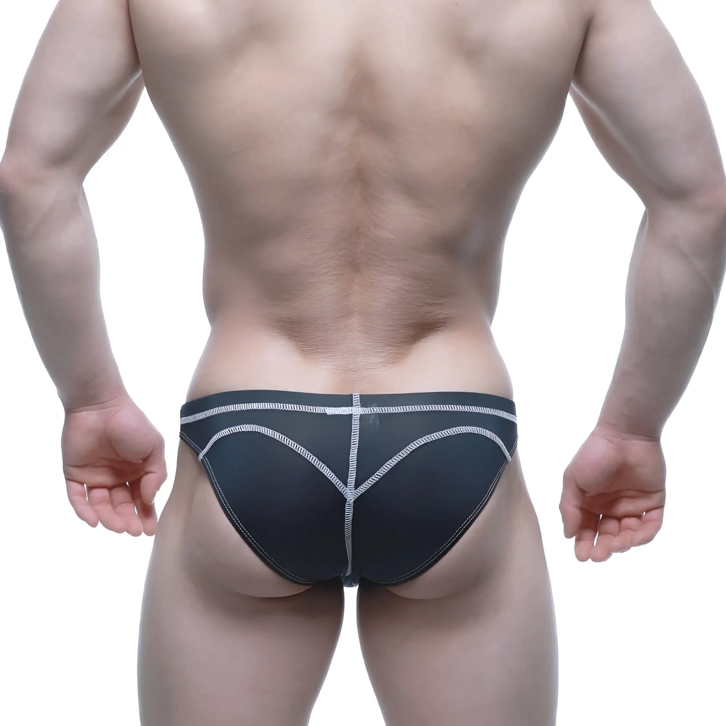 MetroMalewear wahoo sheer swim bikini black back view with white heart-shaped stitching on sheer briefs