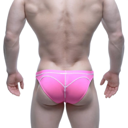 Bright pink MetroMaleWear WAHOO SHEER neon swim bikini briefs with white stitching and form-fitting sheer fabric